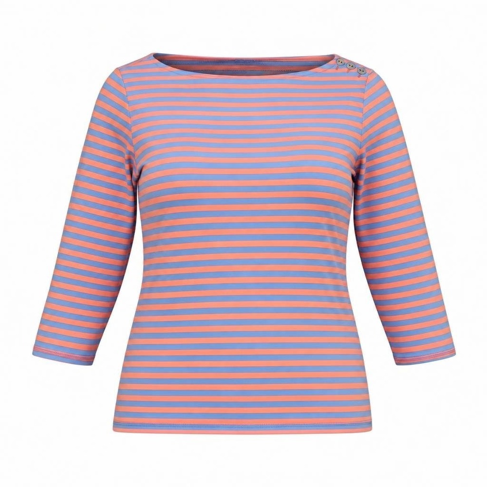 J. McLaughlin Blouse Womens M Blue Orange 3/4 Sleeve Striped Boat Neck Preppy